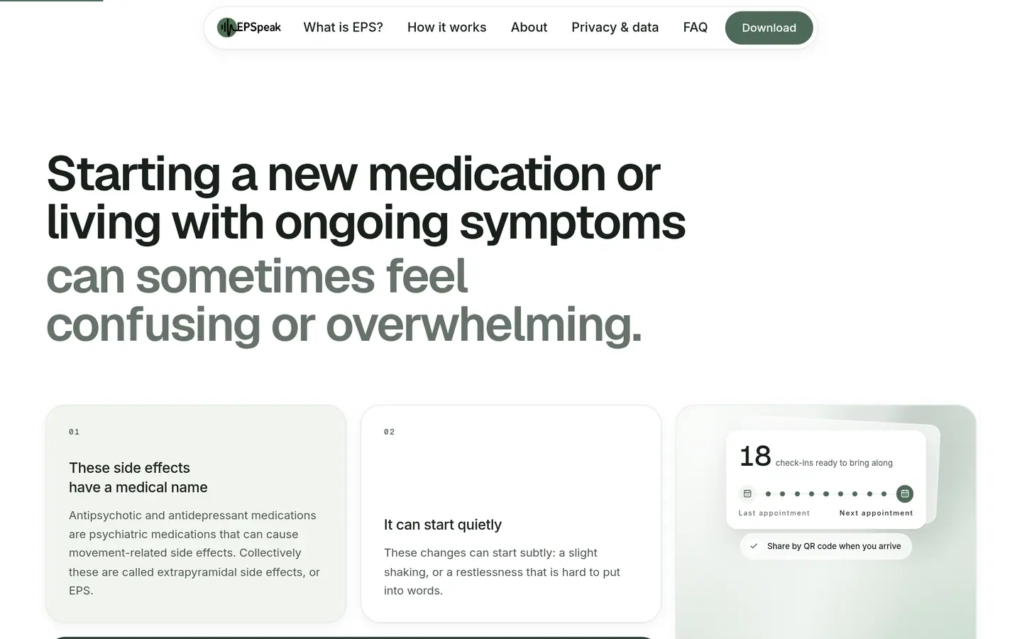 EPSpeak section explaining that side effects have a medical name and can start quietly