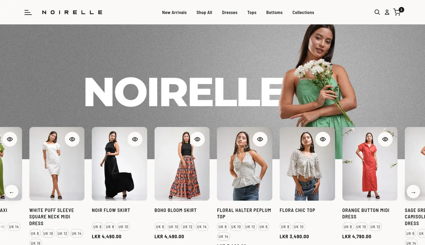 Noirelle home page with the brand wordmark over a campaign image and a product carousel below