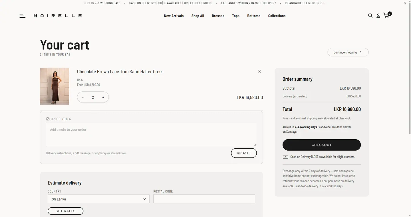 Noirelle cart page with order notes and an order summary