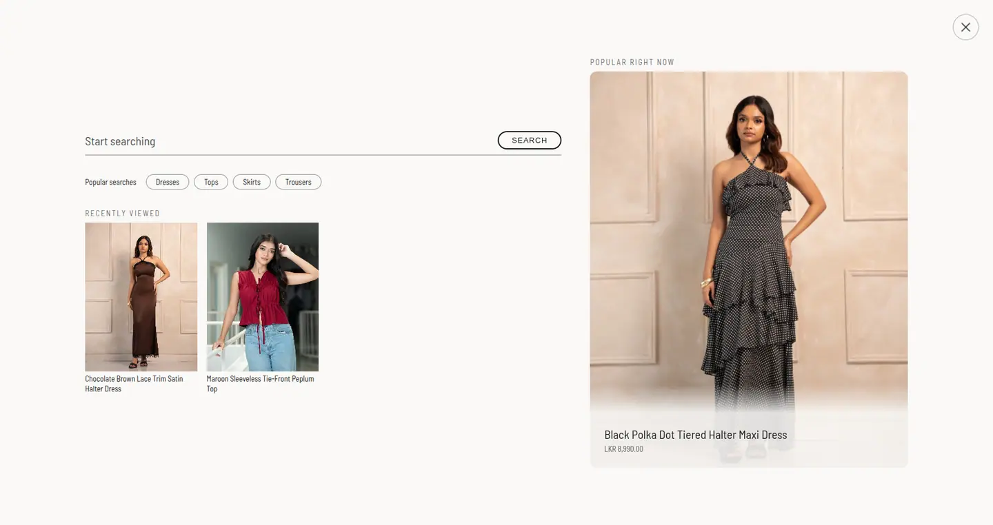 Noirelle search overlay with popular searches and recently viewed products