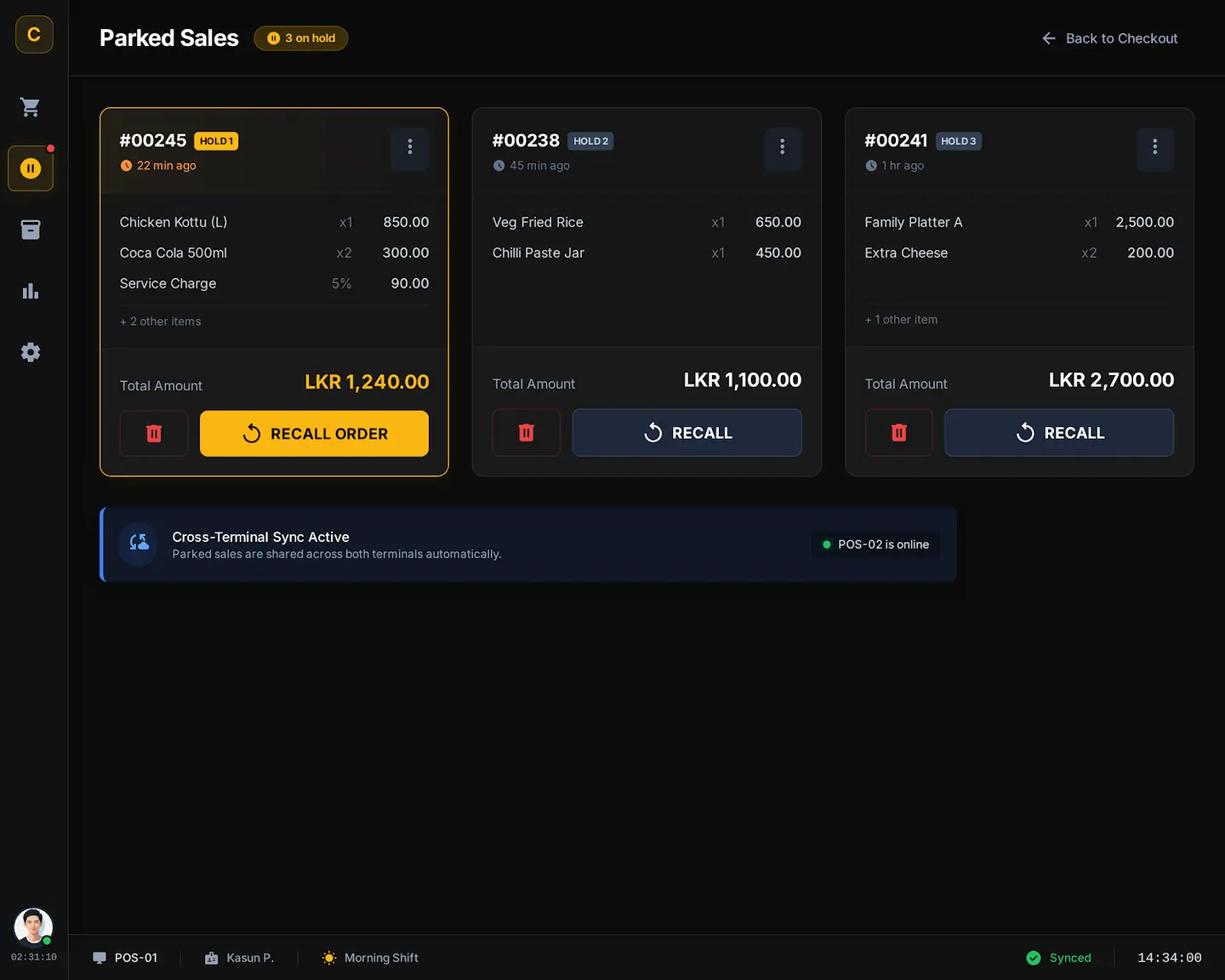 Ceylond POS parked sales screen with three orders on hold