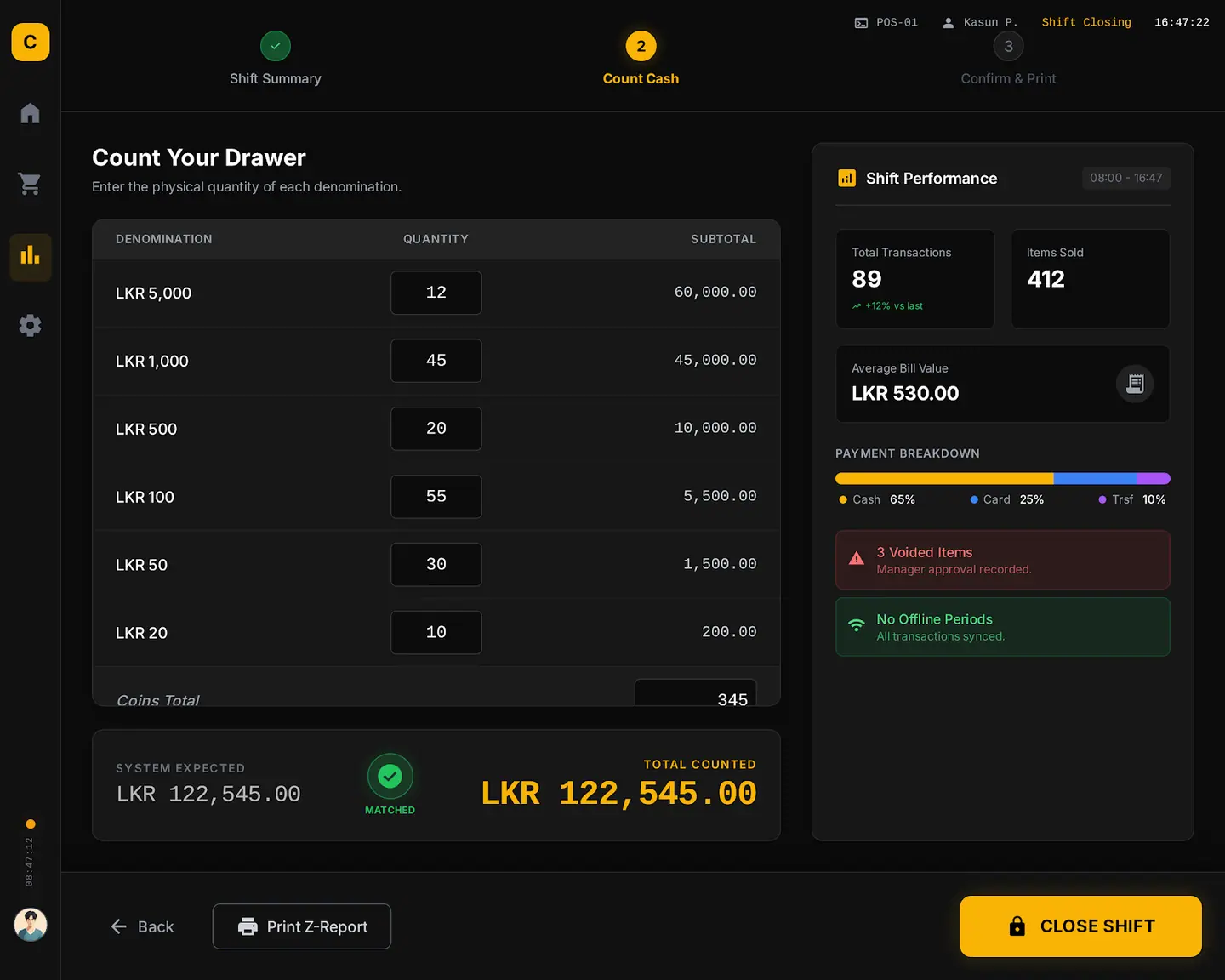 Ceylond POS shift close screen for counting the cash drawer by denomination